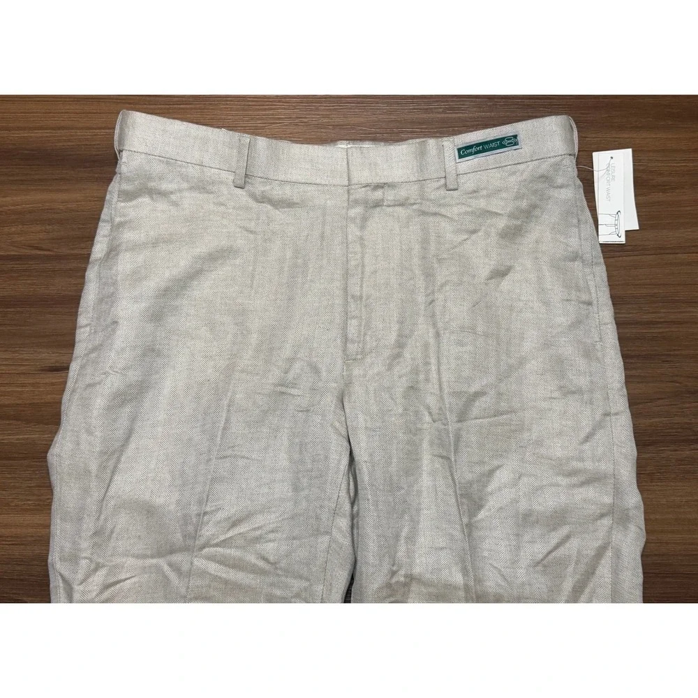 Cubavera Men's Linen Blend Flat Front Herringbone Pants Beige Sz 36x32 NWT